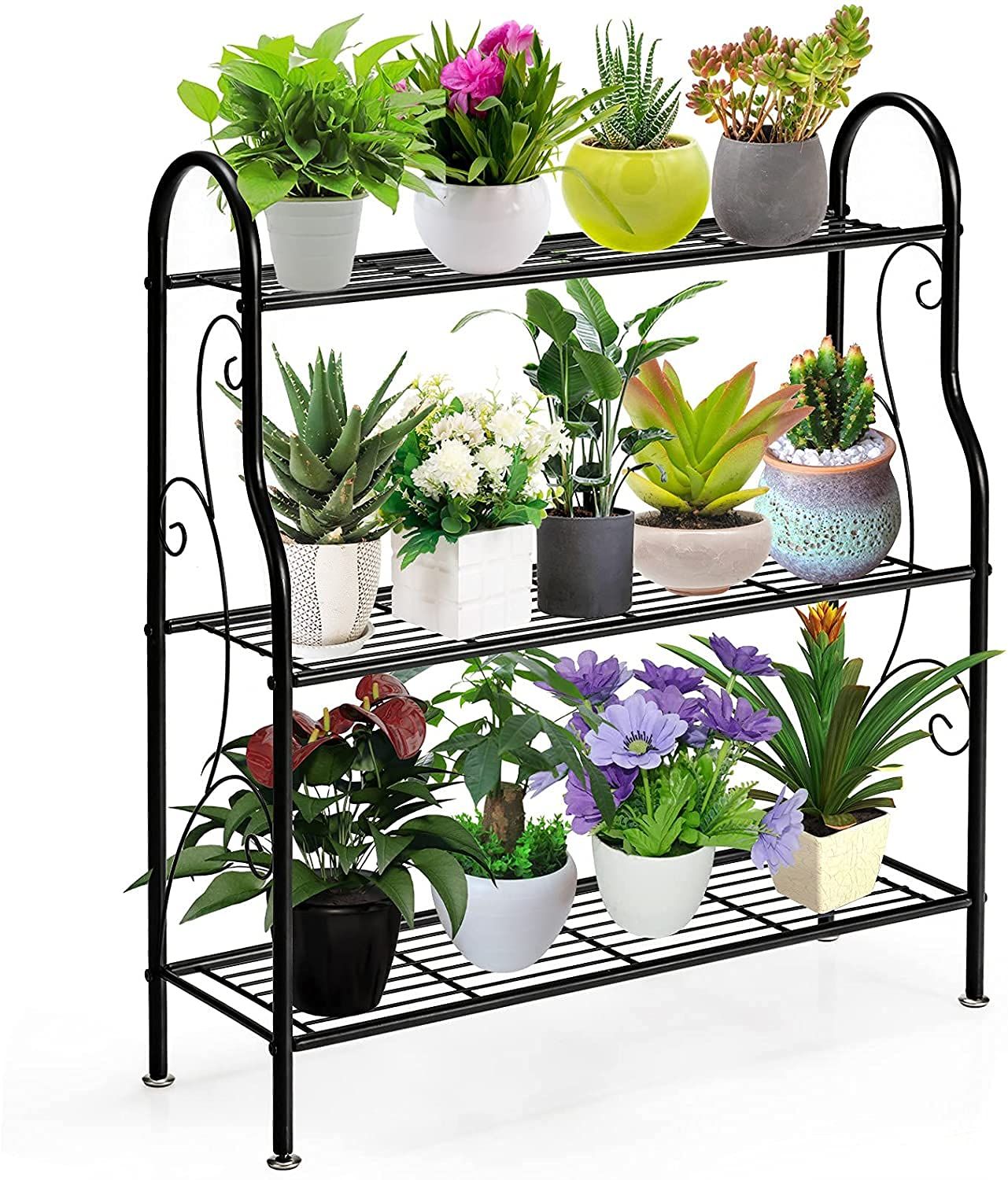 TANGKULA フラワースタンド プランタースタンド 鉄製 ガーデンラック 屋外 室内 観葉植物 棚 花台 ガーデニング おしゃれ 多機能 組立て簡単 ベランダ リビング 玄関 (3段-花柄デザイン)AR befaa4f0