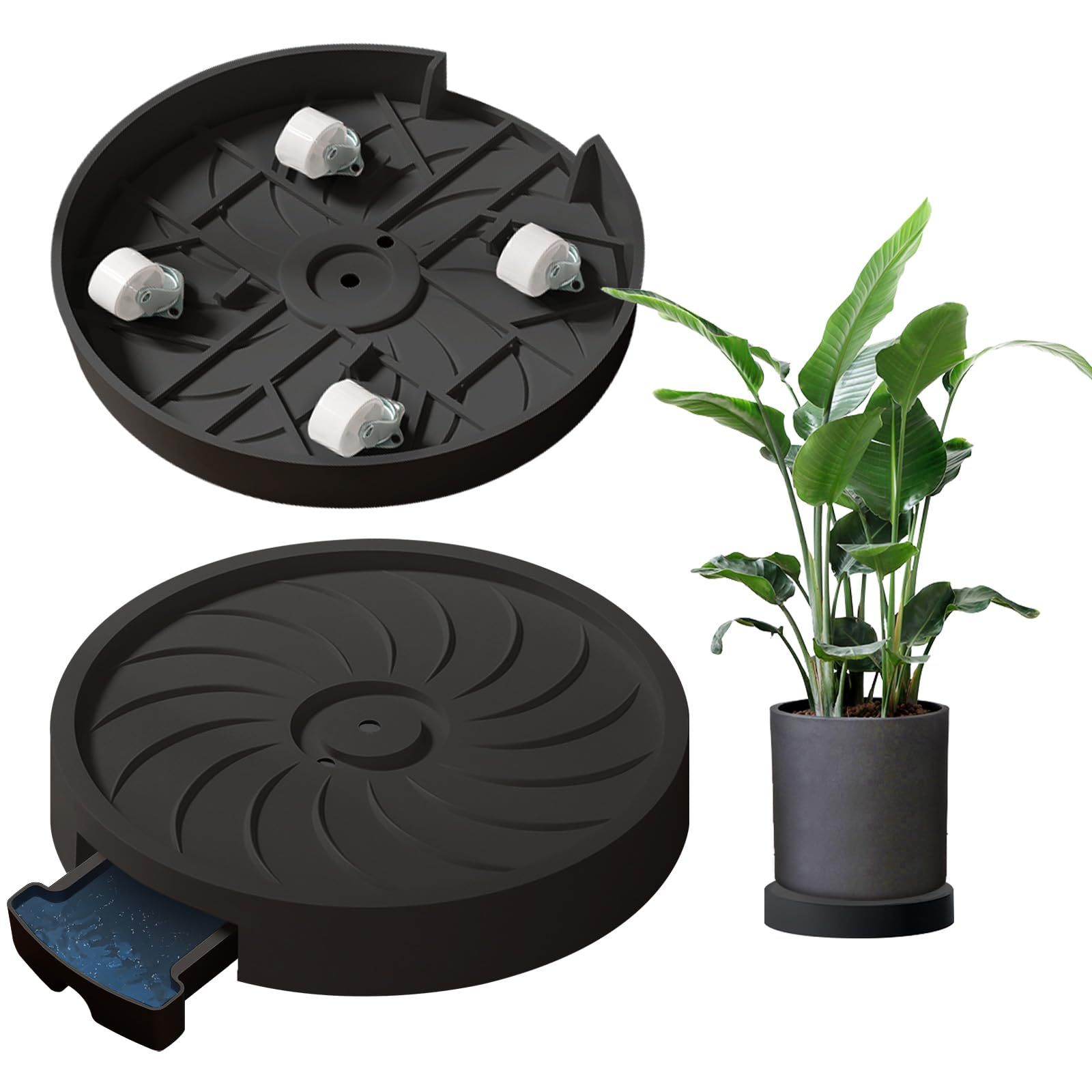 IPOW 植木鉢台 キャスター付き 2個セット プランタースタンド 貯水トレー付き フラワースタンド 室内室外兼用 鉢受台 鉢置台 観葉植物 移動便利 360度回転隠れるキャスター 鉢は含まれません（ブラック，内径30CM ）AR 28b84f51