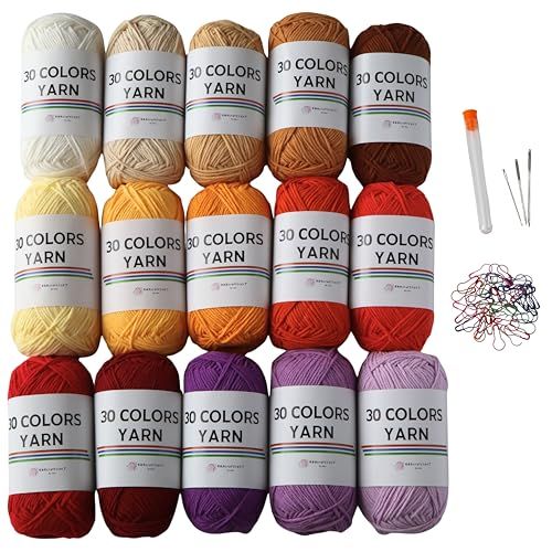 「30 COLORS YARN」 コットン アクリル 毛糸 一玉約50g 120m 15玉大容量セット とじ針、段数マーカーセット 編み物 あみぐるみ モチーフ編み 15色セット(01-15)★m bea107a4