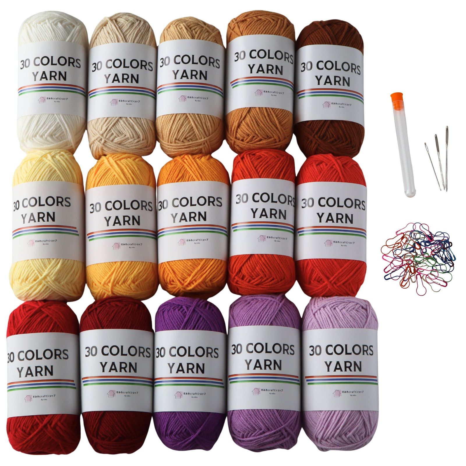 「30 COLORS YARN」 コットン アクリル 毛糸 一玉約50g 120m 15玉大容量セット とじ針、段数マーカーセット 編み物 あみぐるみ モチーフ編み 15色セット(01-15)★m bea107a4