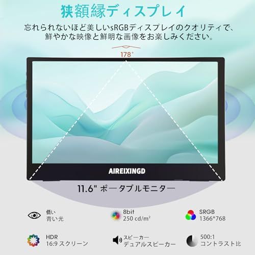 モバイルモニター11.6インチ 超軽量450g 1366x768P モバイルディスプレイ 自立型 VESA対応 スピーカー ポータブルディスプレイ 小型モニター サブモニタ一 USB Type-C ミニHDMI Phone/PC/Macなど対 81aee602