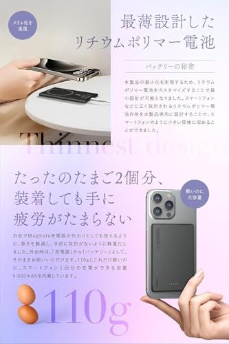 MATECH マグセーフ 超薄型 小型 軽量(史上最薄6.9mm, 5000mAh)【MagSafe対応マグネット式/最大出力15W ワイヤレス/タイプC PD22W/iPhone12~17対応】 (MagOn Ultra Slim 5000 b2e1ea25