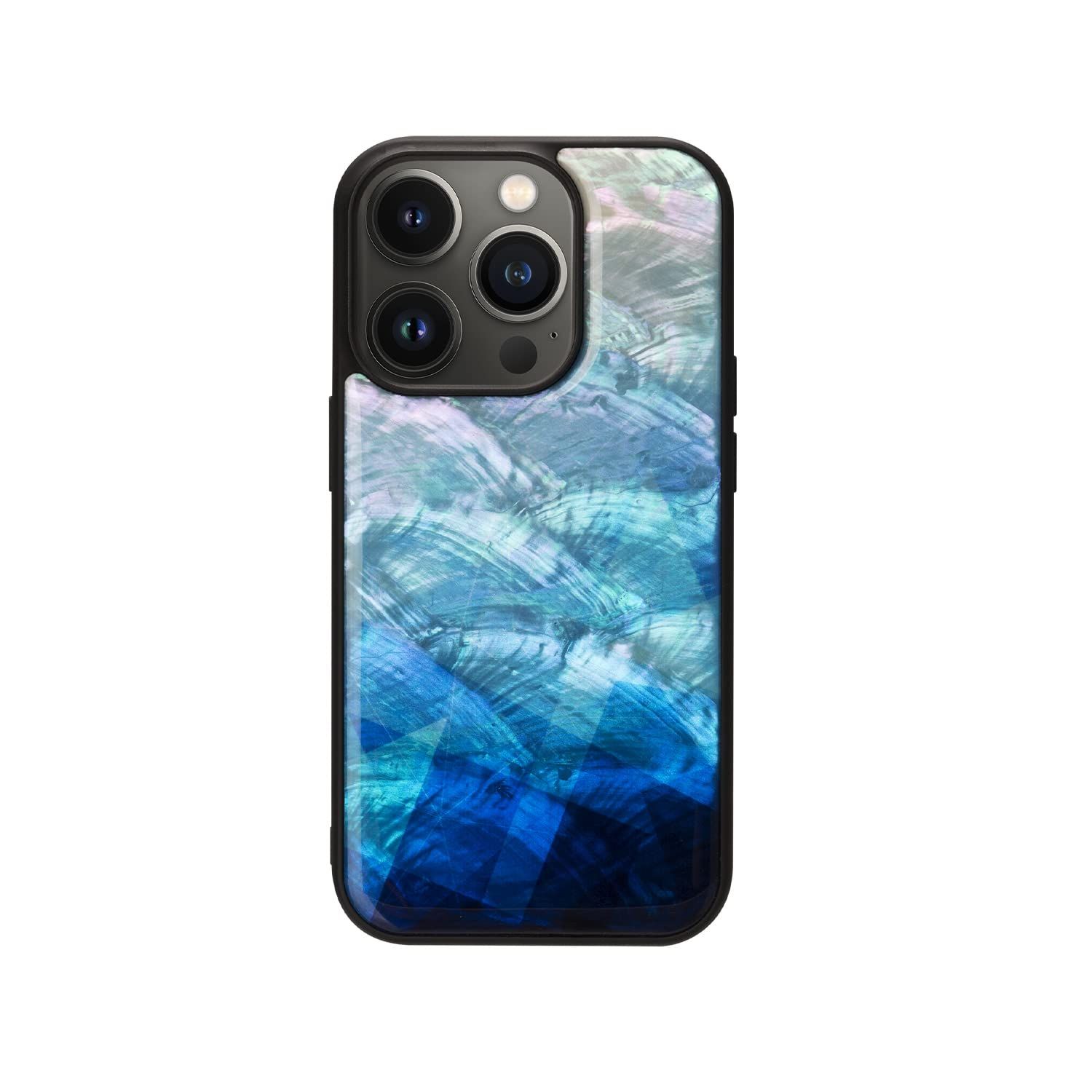 新品 ikins iPhone 14 Pro ケース 天然貝ケース [ Pearl 光沢 表面コーティング加工 TPUとポリカーボネートのハイブリッド 着脱しやすい ストラップホール付き ワイヤレス充電 ] アップル アイフォン 背面カバー Blue Lake｜詳細画像