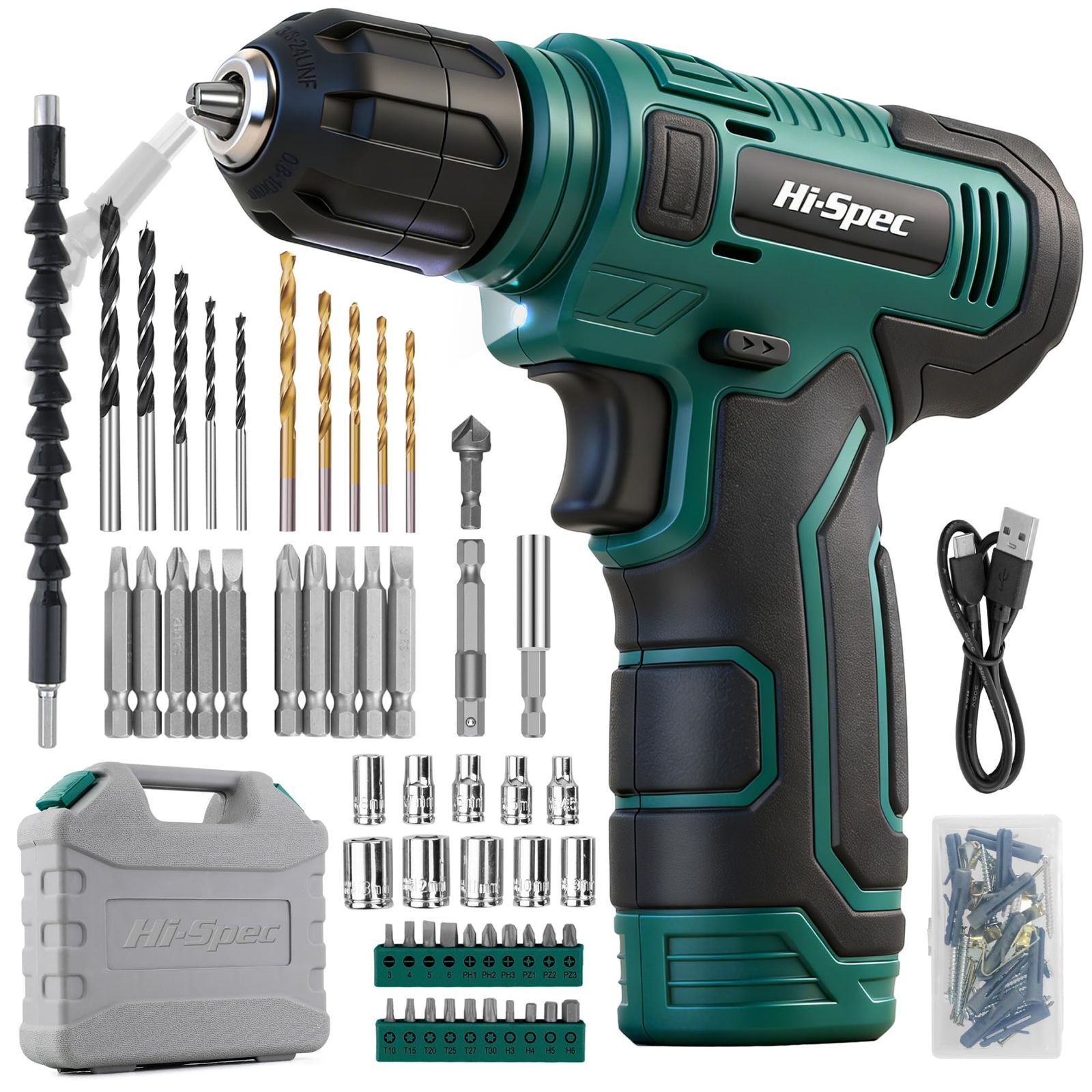 Hi-Spec 電動ドリルドライバー 8V USB充電式 コードレス|家庭用DIY工具セット 110点 収納ケース付き|家具組立・修理・取付がこれ一つで安心|ビット・ソケット付属 グリーン(沖縄・離島の方発送不可)) d6ed2530