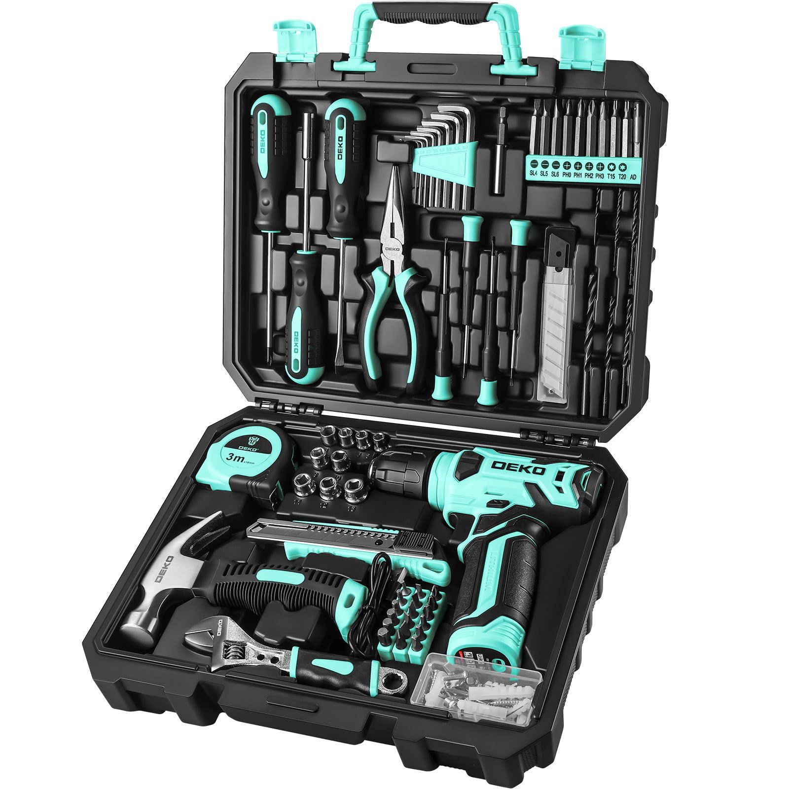 【8V電動ドリル付き】126点組 工具セット ツールセット 工具 日曜大工 DIYセット ドリル 電動工具セット 家庭用 ホームツールセット 家具の組み立て 住まいのメンテナンス用 大工道具セット 便利な収納ケース付き ターコイズ(沖縄・離島 cad45412
