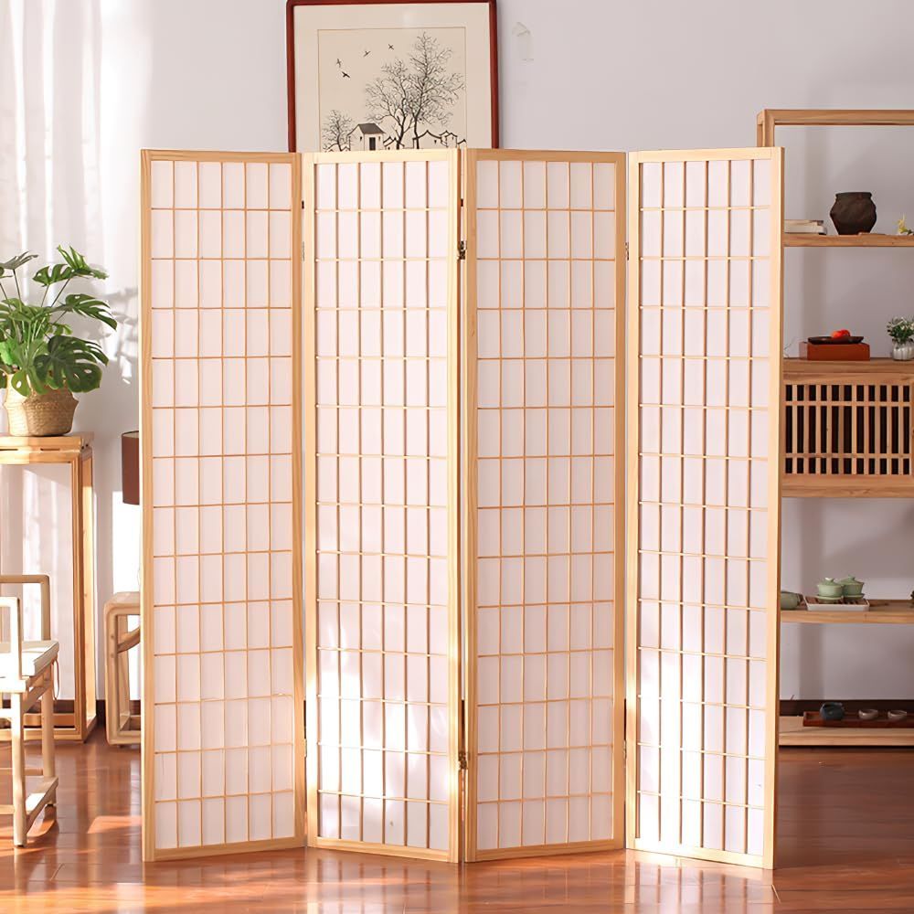 4連 間仕切り 和風衝立 高さ150/178cm スクリーン おしゃれ 完成品 部屋 パーテーション 仕切り 屏風 目隠し 軽量 折りたたみ 飲食店 オフィス 事務所 (木色 高さ178cm)