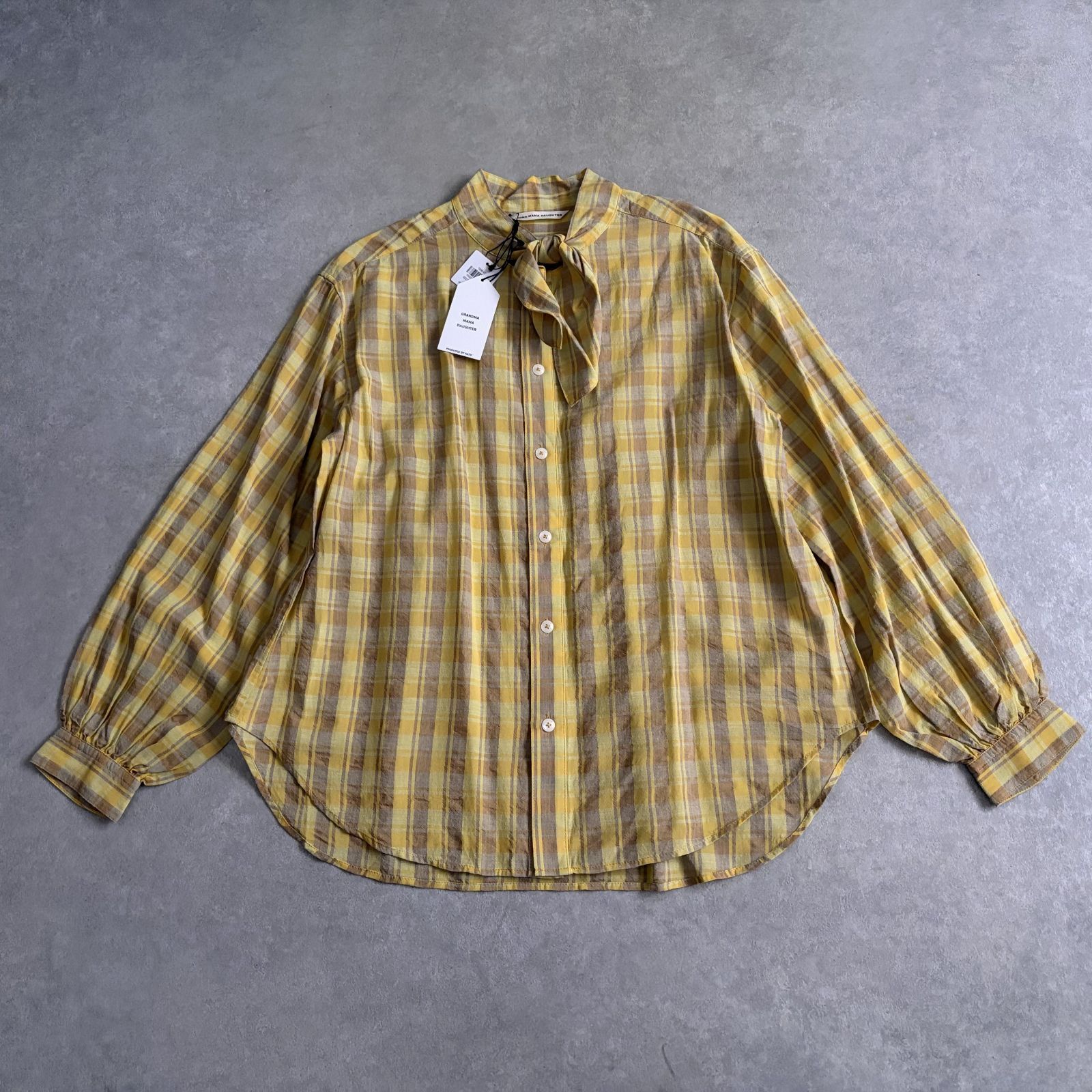 新品 定価3.8万 GRANDMA MAMA DAUGHTER リボンタイ チェック ブラウス シャツ イエロー グランマママドーター