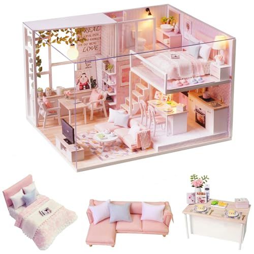 CUTRROOM DIY ミニチュア木製ドールハウスキット、家具付き手作りミニハウスキット - 1:24 スケールクリエイティブギフト、オルゴール、防塵カバー、LED ライト付き (L022)★m f4f3eb36