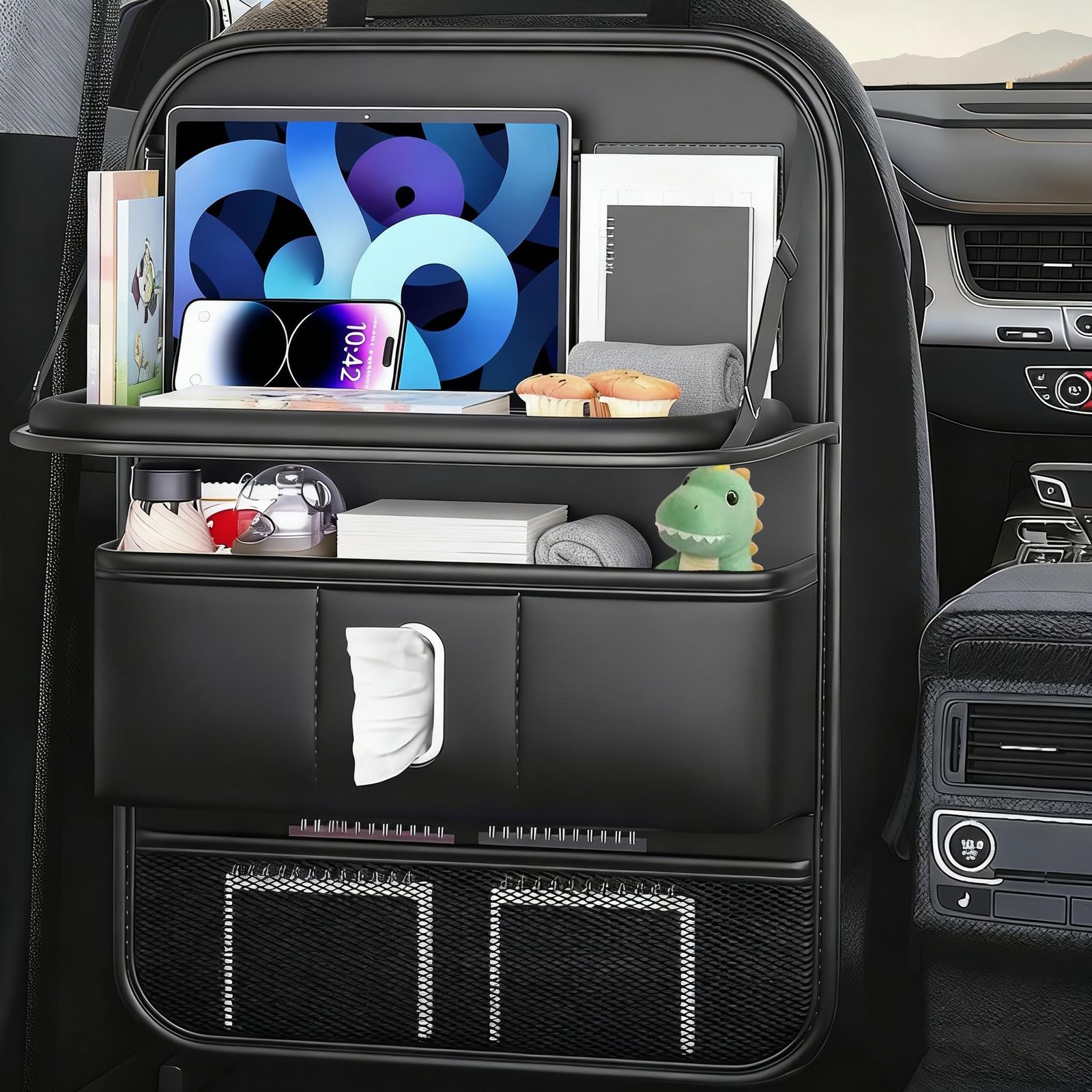 Comfynest シートバックポケット 車 テーブル 後部座席 大容量 多機能車内収納 ナパピ 防水防汚 ティッシュケース ドリンクホルダー カー用品 収納 キックガード 汚れ防止 便利グッズ 折りたたみテーブル付き 車シート収納ポケット a104bde5