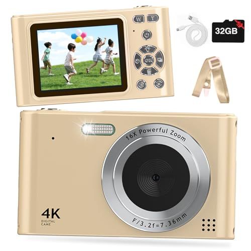 デジタルカメラ デジカメ 4800万画素 トイカメラ キッズカメラ 1080P動画撮影 16倍ズーム 手振れ補正 セルフタイマー 連写 ミニカメラ 軽量 学生 修学旅行 撮影初心者向け 32Gカード付属 (ゴールド, コンパクト)★m cd4f00fd