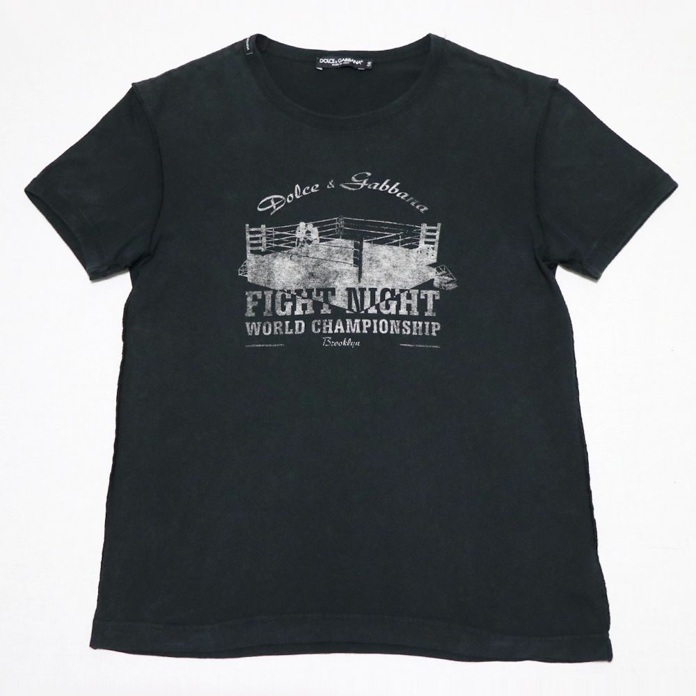 ドルチェ＆ガッバーナ Tシャツ メンズ 50 タイトフィット ショート丈 ドルガバ ファイトナイト ボクシング フォトプリント 00sヴィンテージ 黒 イタリア製 国内正規品 Y2Ｋ クルーネック 半袖 USED品