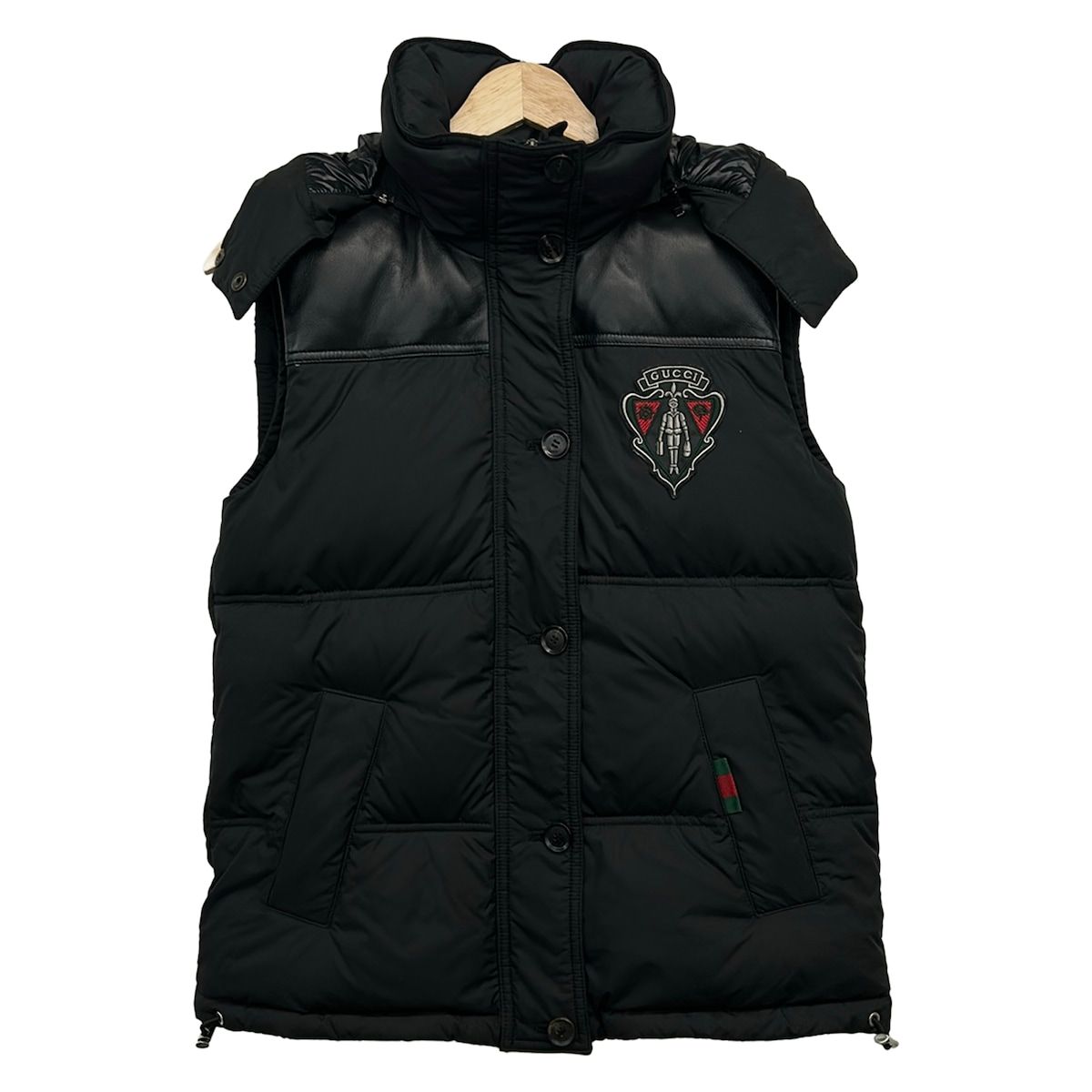 GUCCI(グッチ) ダウンベスト サイズ38 S レディース美品 - 308451 ZY688 黒×グレー×マルチ レザー/冬