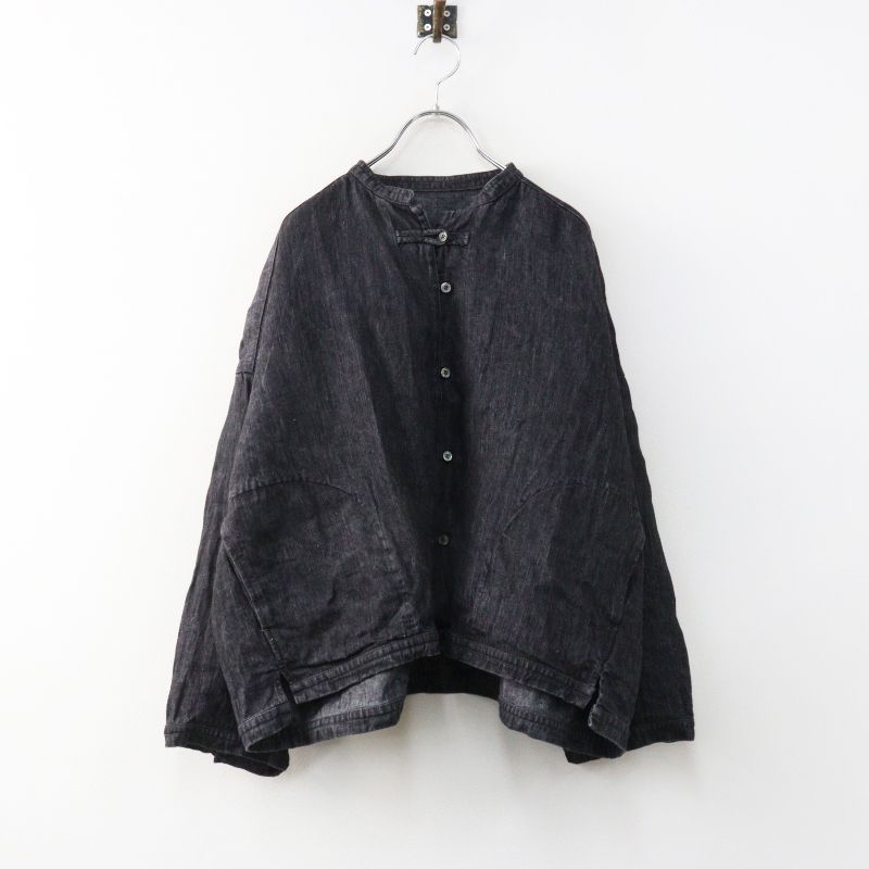 美品 定価35200円 2024 ネストローブ nest Robe リネンブラックデニムシャツ F 黒┃チャイナボタン ワイド フレア【2400014984811】 12,620円