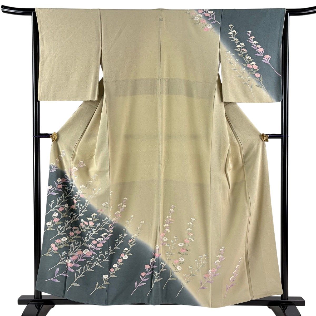 訪問着 身丈158cm 裄丈64.5cm M 袷 落款 草花 ぼかし 灰緑 正絹 秀品