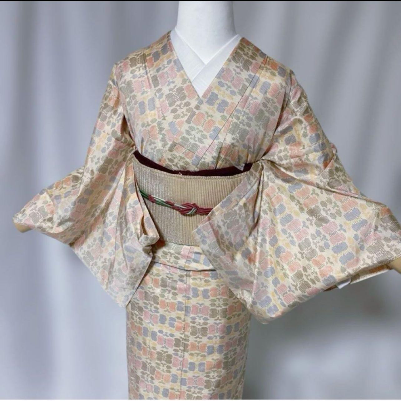 単衣 白大島紬 正絹 小紋フルセット 羅帯付き 淡色夏コーデ 美品 夏