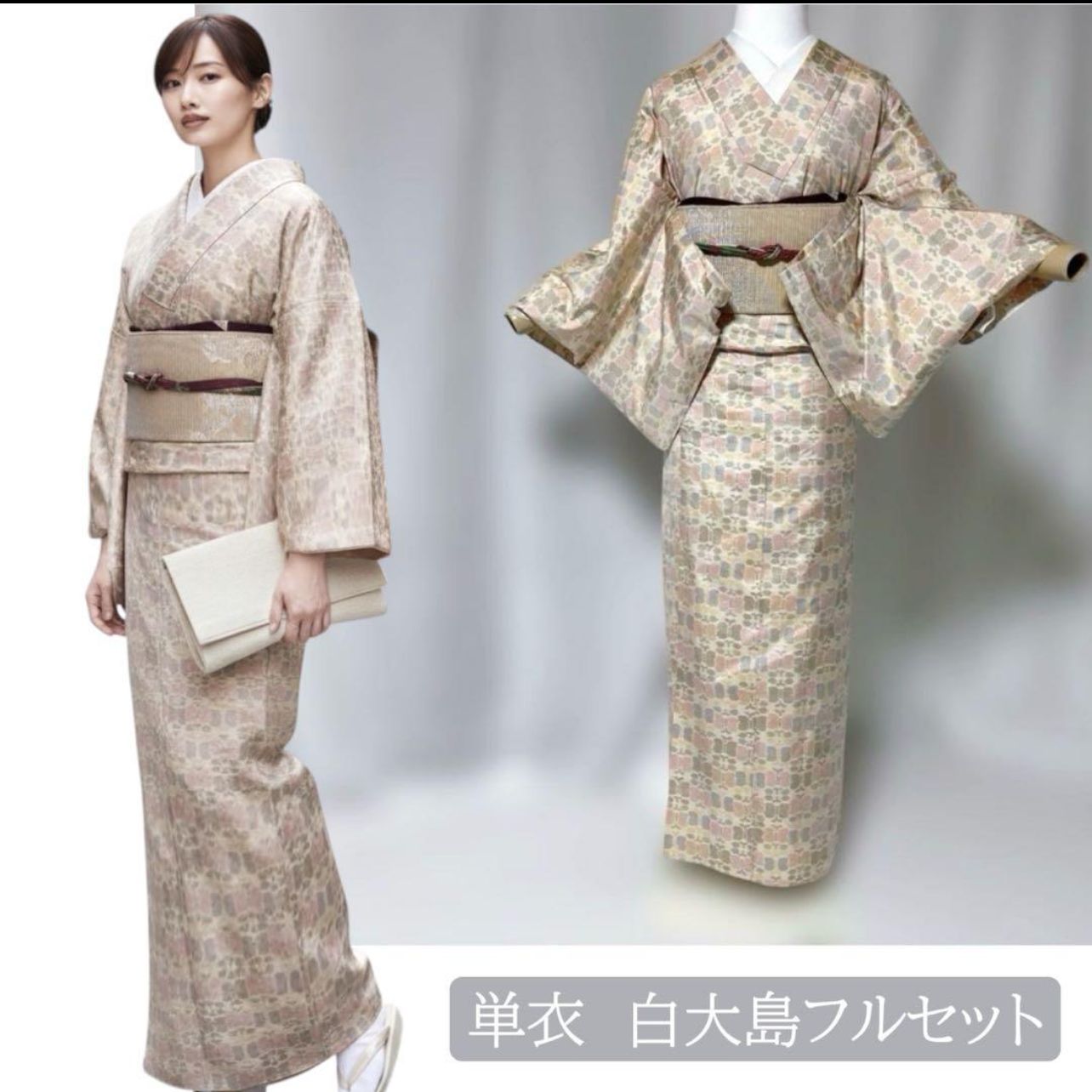単衣 白大島紬 正絹 小紋フルセット 羅帯付き 淡色夏コーデ 美品 夏