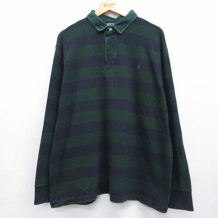 XL/古着 ラルフローレン 長袖 ブランド ラガー シャツ メンズ 90年代 90s ワンポイントロゴ 大きいサイズ コットン 緑他 ボーダー【spe】 26may08