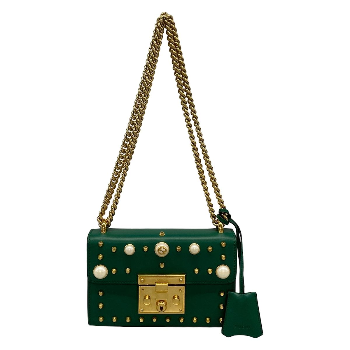 GUCCI(グッチ) ショルダーバッグ美品 パドロック 432182 グリーン チェーンショルダー/フェイクパール/スタッズ レザー