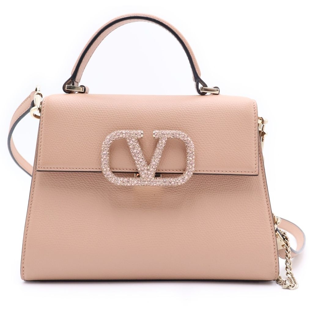 VALENTINO (ヴァレンティノ) ガラバーニ Vスリング ジュエルエンブロイダリースモールハンドバッグ 2WAYバッグ ショルダーバッグ ベビーピンク レザー ゴールド金具 144,375円