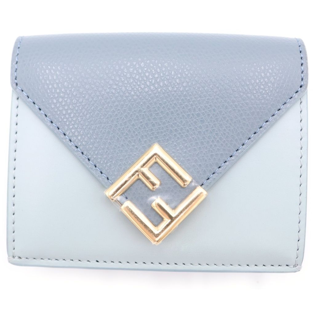 FENDI (フェンディ) FFダイヤモンド コンパクトウォレット 三つ折り財布 コインケース ブルー レザー 8M0480 ゴールド金具