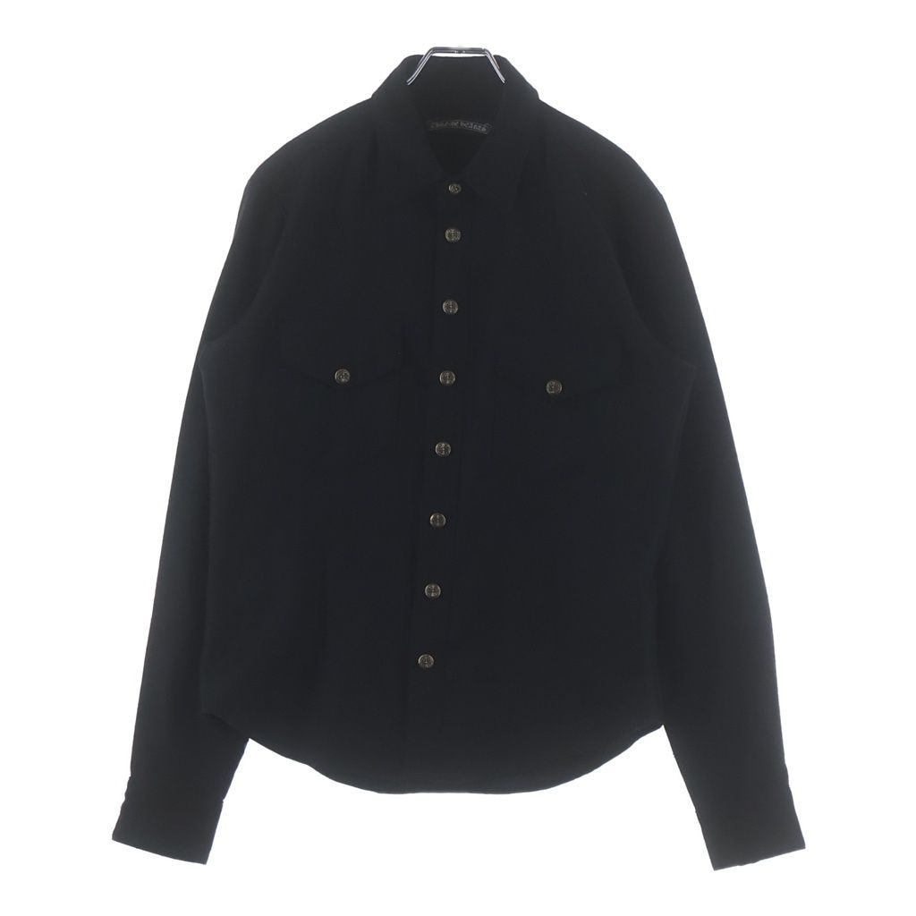 CHROME HEARTS (クロムハーツ) OLD DENIM WESTERN オールド フローラルボタン 袖裾レザークロスパッチ チェック柄 ウール ウエスタン長袖シャツ ブラック