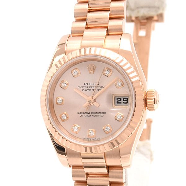 ロレックス 時計 レディース デイトジャスト 10Pダイヤ 自動巻 Y番 ピンク文字盤 ピンクゴールド 750PG ROLEX 179175G 中古