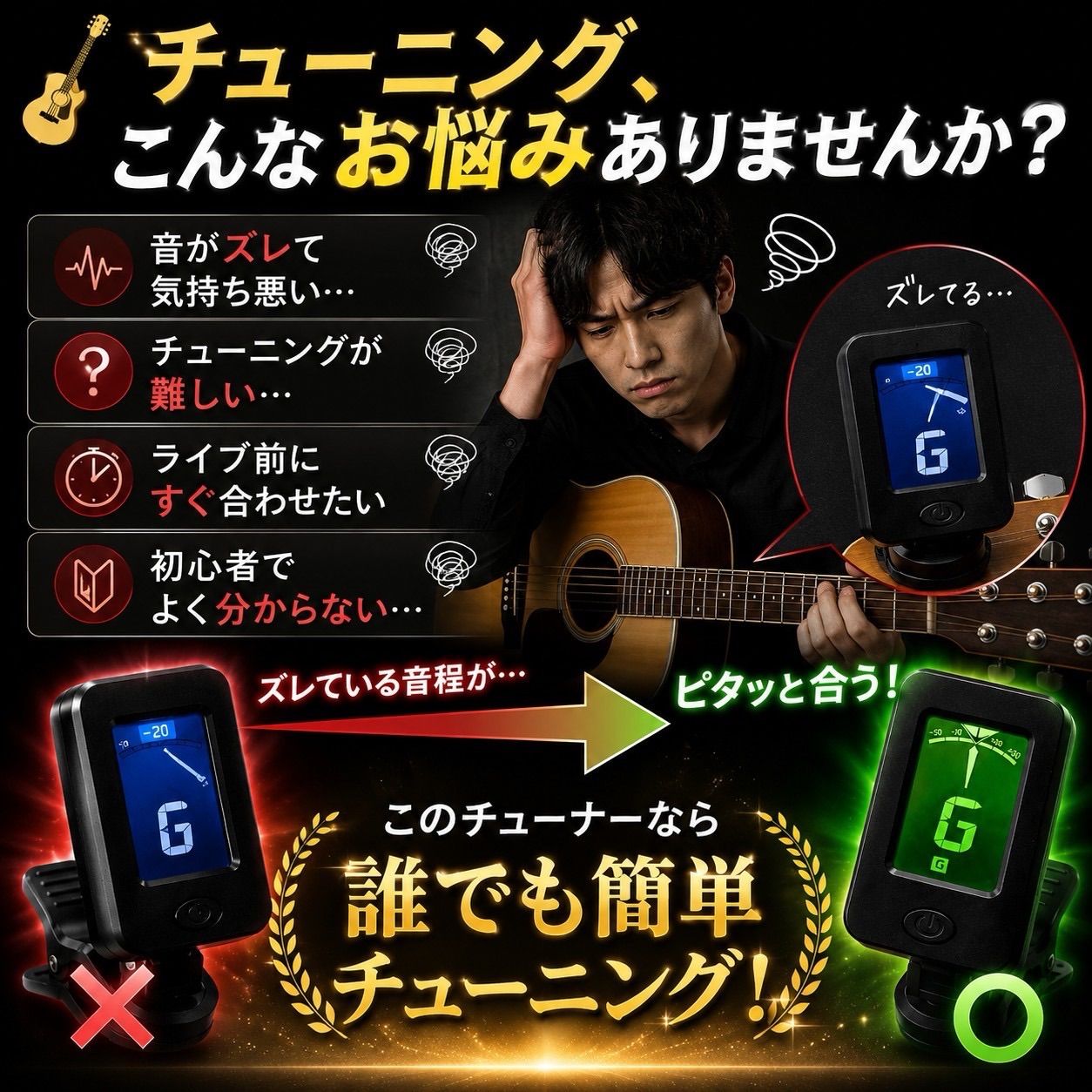 ギター チューナー クリップ ギターチューナー ピック 3枚付属 日本語 