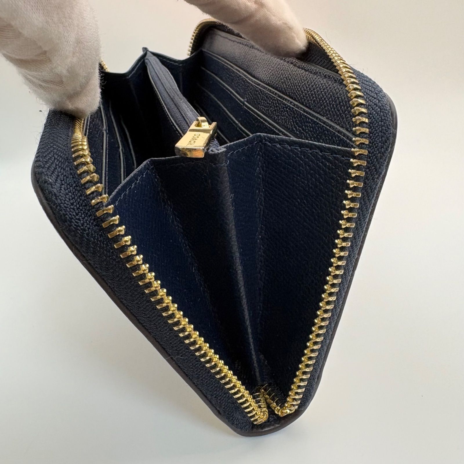 COACH コーチ 長財布 ラウンドファスナー チェック柄 ネイビー 