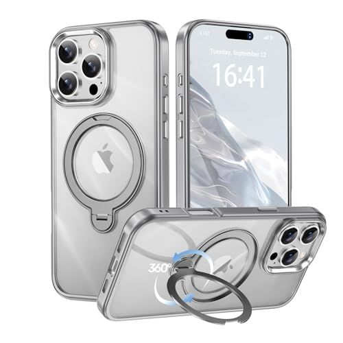 【透き通る上質感・多機能360°回転スタンド】KMAMBNG iPhone 16 Pro 用 ケース Magsafe対応【耐衝撃・金属感・真空メッキ・黄変防止・ストラップホール付き】縦横両立 角度自在 調整可能 磁吸機能でワイヤレス充電対応 eb07bd1b