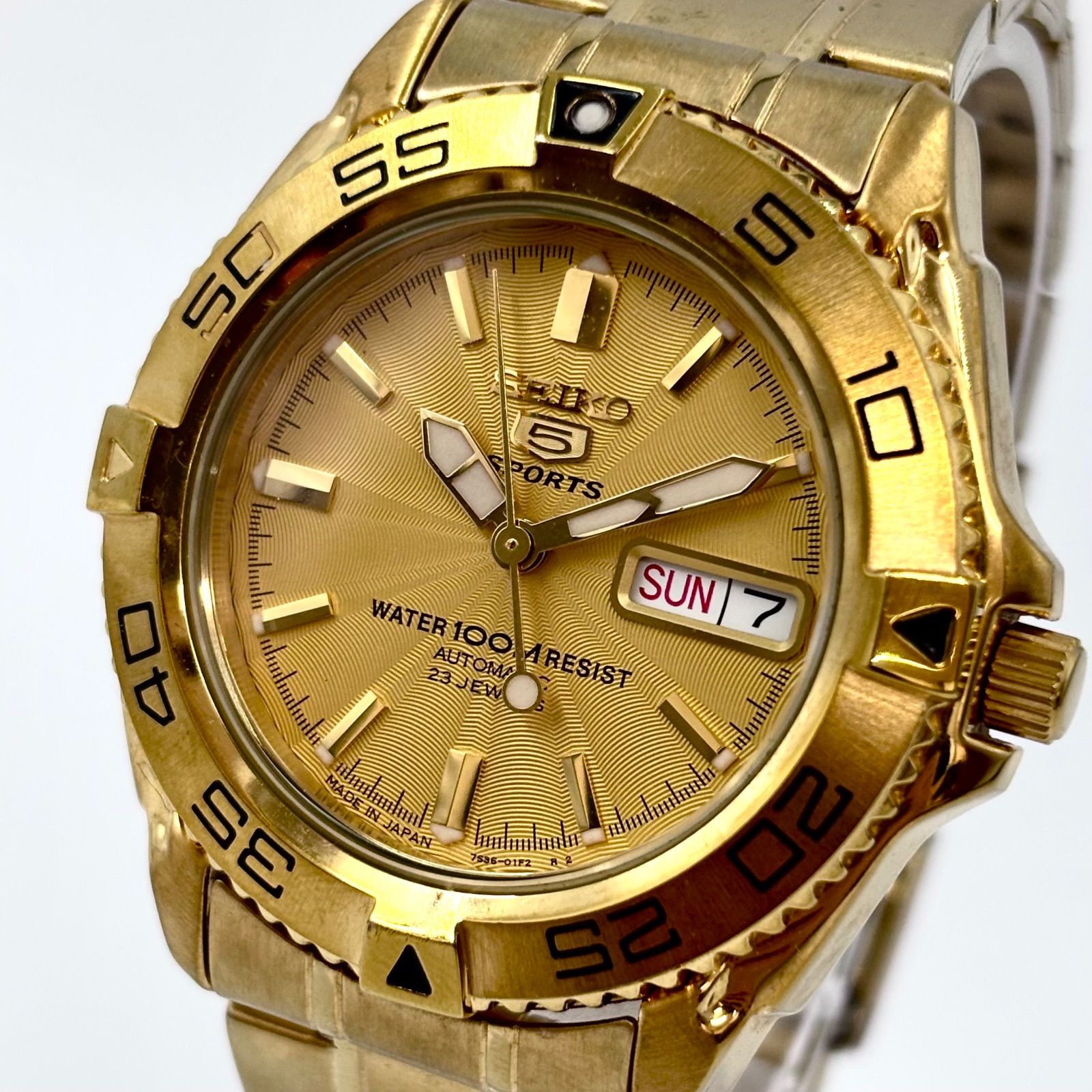 【稼働/純正ブレス】SEIKO 5/セイコー ファイブ 腕時計 自動巻き/AT ゴールド/金 裏スケ Cal.7S36 フルーテッドベゼル