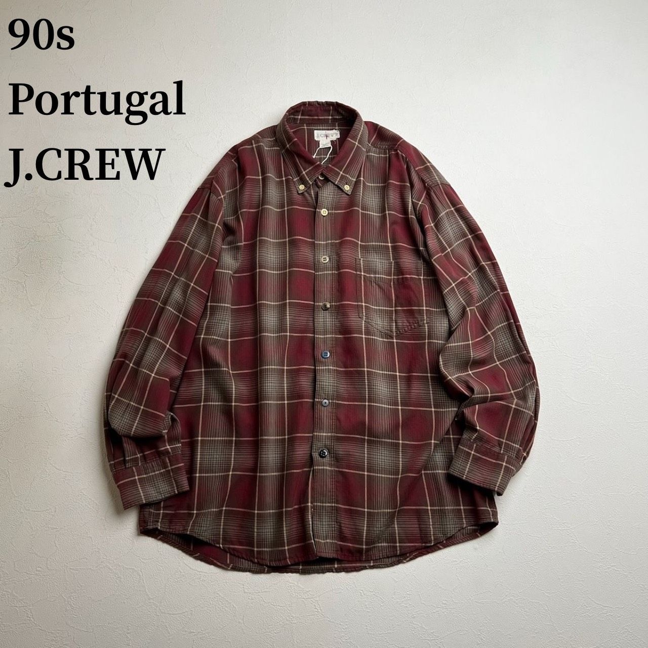 90s Portugal J.CREW　オンブレチェック　BD　胸ポケット　長袖シャツ　ジェイクルー　ボルドー　XL 古着