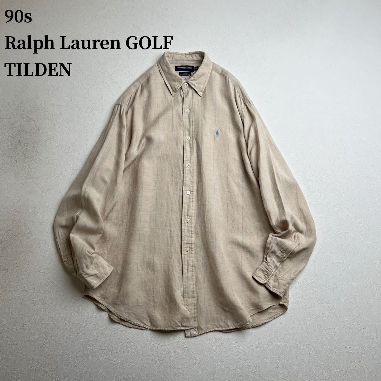 90s Ralph Lauren GOLF TILDEN　シルクリネン　チェック　BD　長袖シャツ　ラルフローレン　ライトベージュ　L 古着