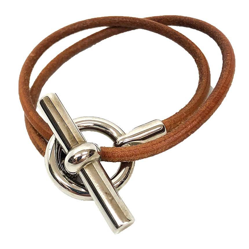 HERMES エルメス グレナン チョーカー ２連 ブレスレット ブラウン×シルバー金具 アクセサリー aq12984