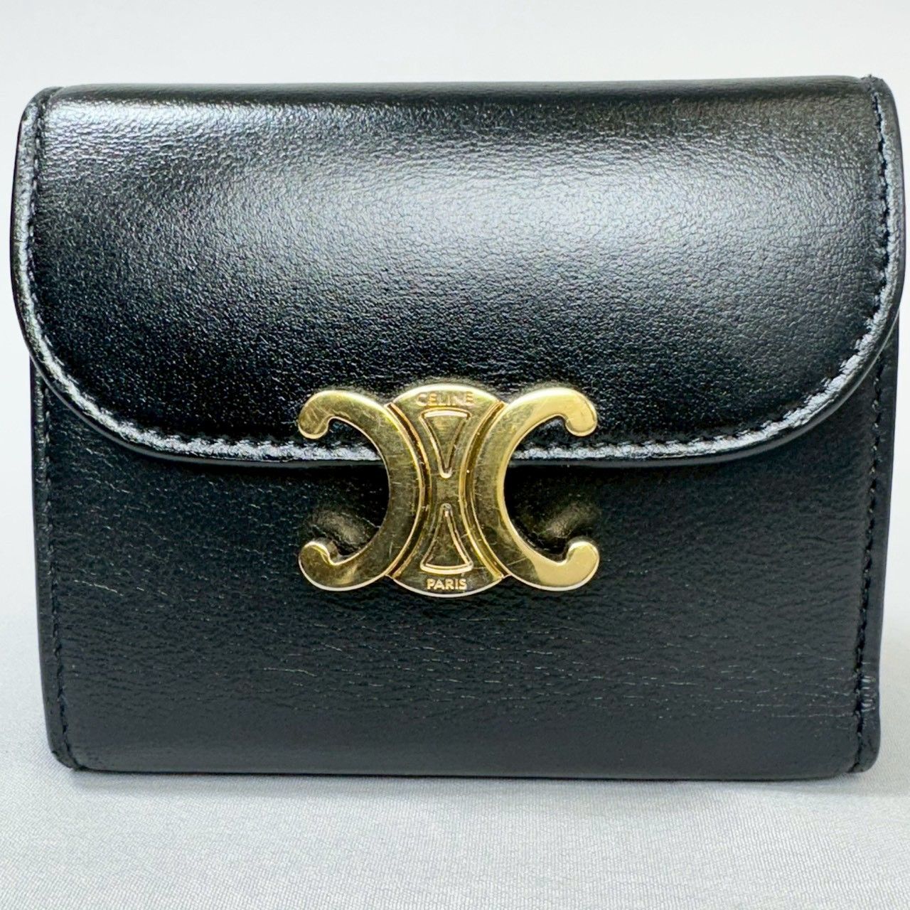 美品】CELINE セリーヌ トリオンフ スモール 三つ折り 財布 ブラック 