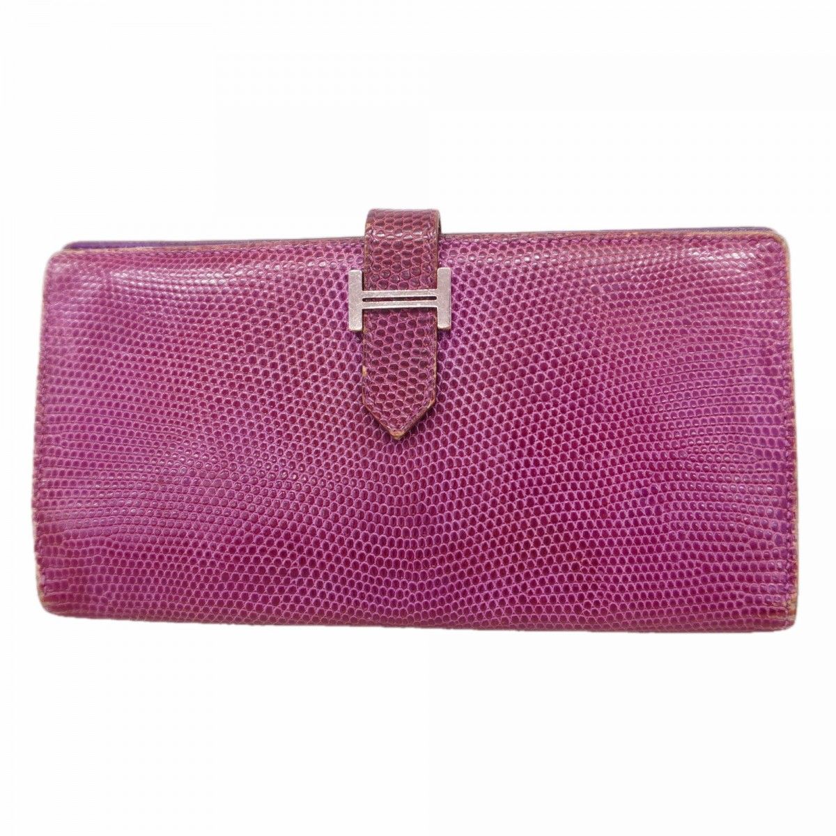 【6ee5660】エルメス 長財布 ベアン リザード アネモネ シルバー金具 □K刻印【中古】レディース