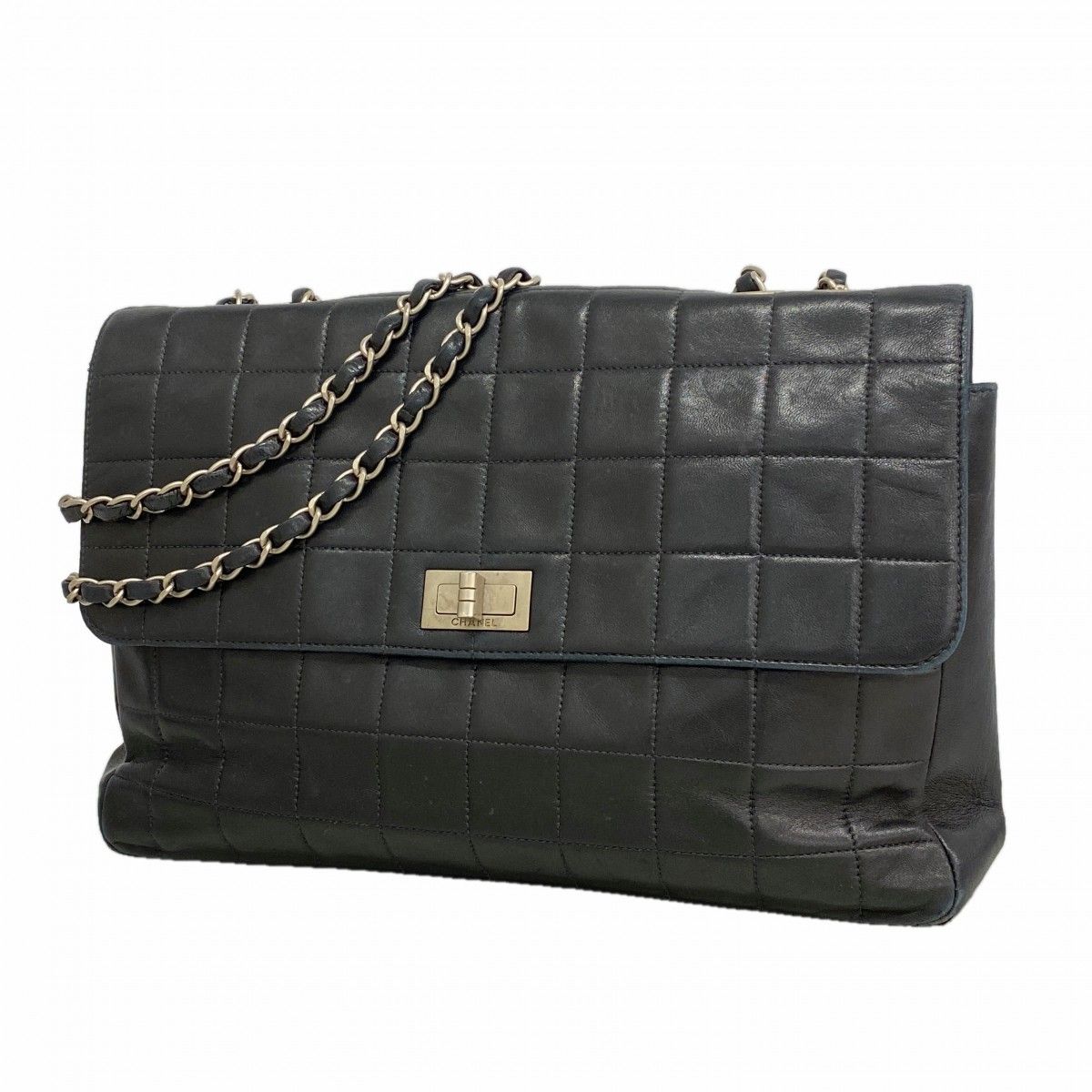 【6ee5853】シャネル ショルダーバッグ 2.55/チョコバー ラムスキン ブラック シルバー金具【中古】レディース