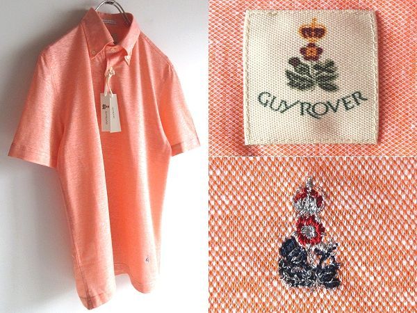 新品タグ付 GUY ROVER ギローバー ロゴ刺繍 リネンコットン鹿の子 ボタンダウン BDポロシャツ M サーモン オレンジ 国内正規品