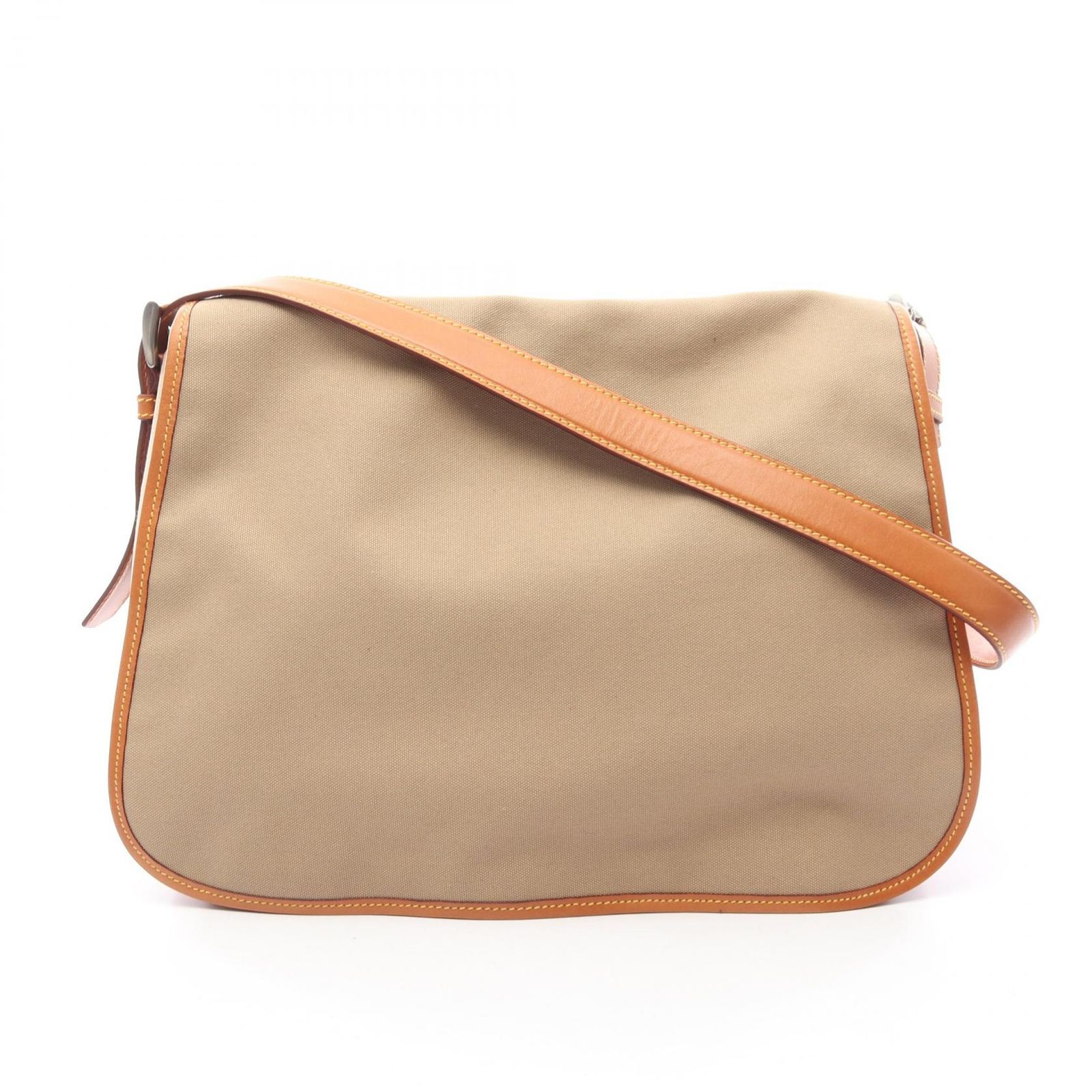 プラダ PRADA ショルダーバッグ CANAPA SOFT ベージュ/オレンジ キャンバス レザー トライアングルロゴ メッセンジャー レディース Used B