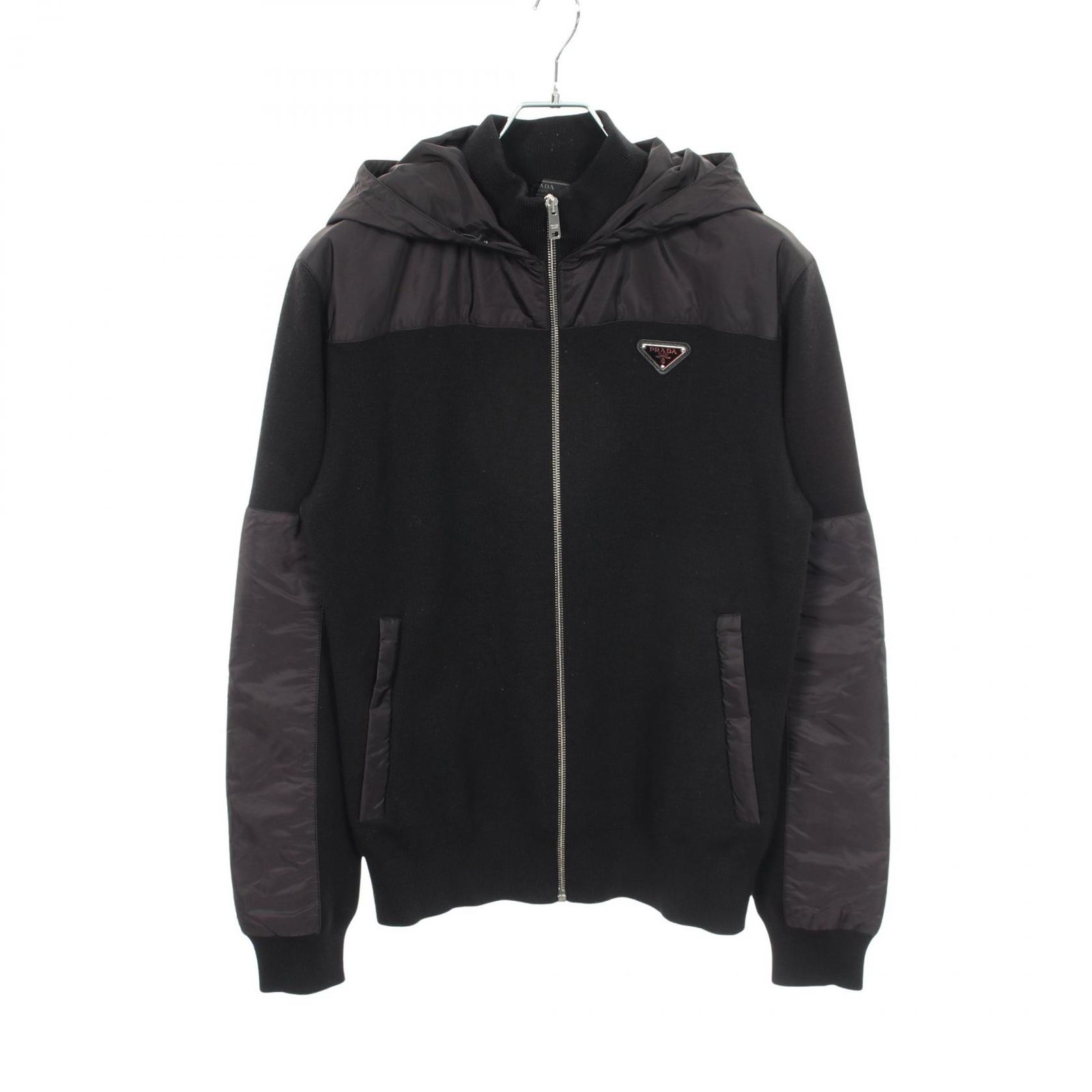 プラダ PRADA 三角ロゴプレート 切替 フード付き UMG107 ブラック ウール ナイロン ウールナイロンジャケット メンズ Used A