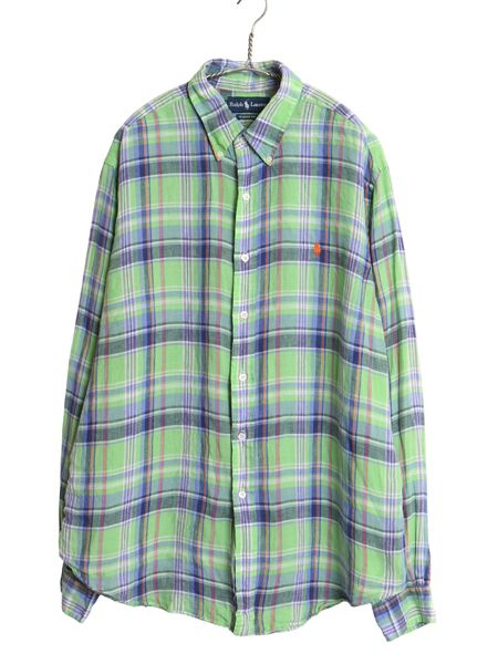 90s ラルフローレン マドラス チェック 長袖 ボタンダウン シャツ メンズ XL オールド 100% リネン 長袖シャツ ワンポイント 大きいサイズ