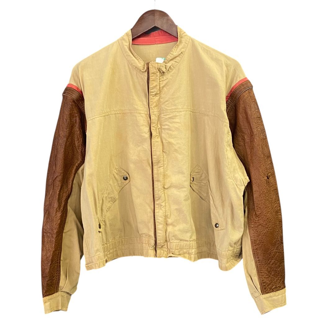 80s〜 Made in ITALY イタリア製 切り替え ギミック ブルゾン ベスト コットン×レザー ベージュ サイズ48 No.S297