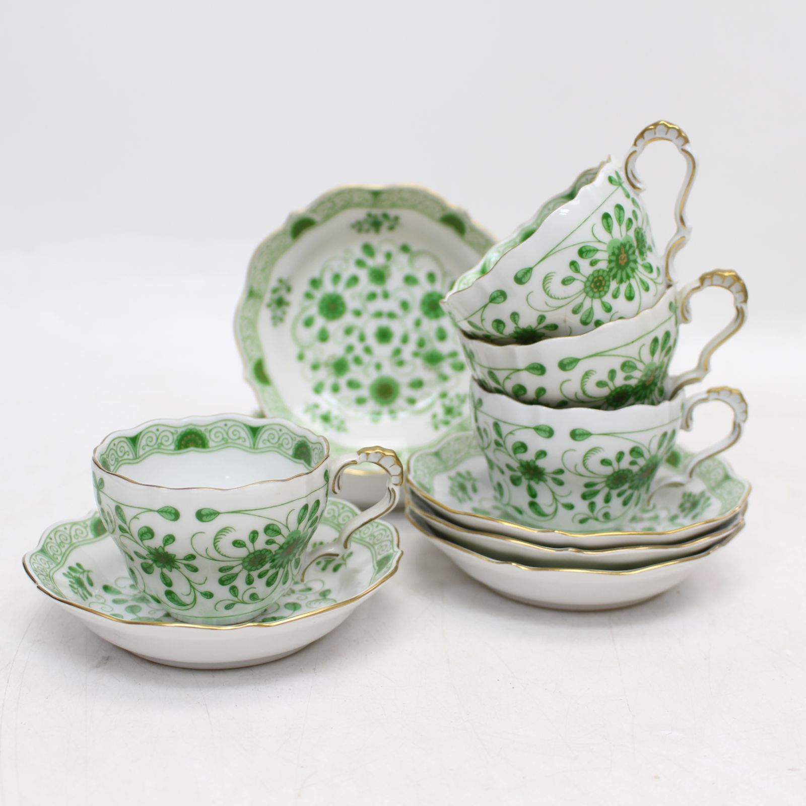 552)【4客セット+ソーサー2個/美品】リンドナー アルトランクグリーン カップ&ソーサー Lindner