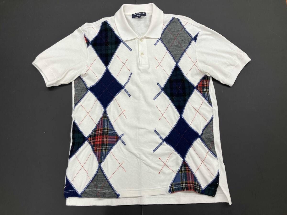 COMME des GARCONS HOMMEコムデギャルソン オム パッチワーク アーガイル柄 半袖ポロシャツ M ホワイト マルチカラー 通年