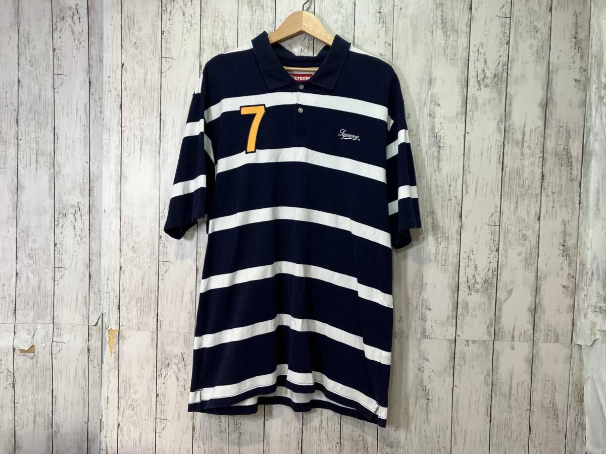 Supreme Cursive Polo 'Navy Stripe' ポロシャツ ネイビーxホワイト L