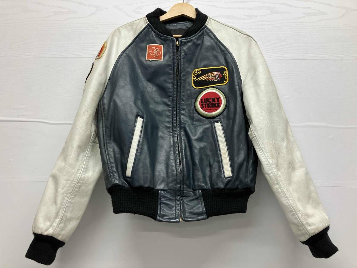 export leather garments ltd. エクスポートレザーガーメンツリミテッド スタジャン カナダ製 レザー 80s 38 ネイビー ホワイト 通年
