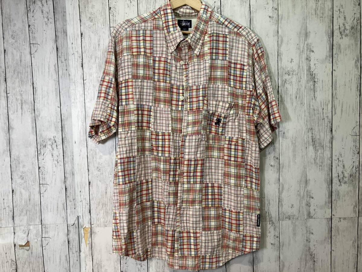 90s 00s old STUSSY ステューシー パッチワーク 半袖シャツ L
