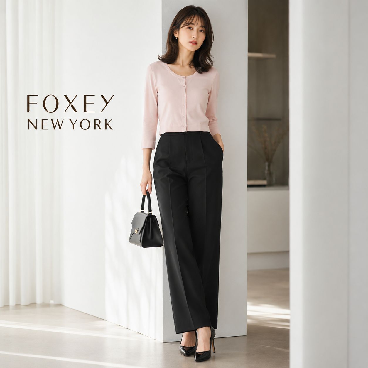 【美品】【クリーニング済】FOXEY NEWYORK 32821 / ロングセラーカーディガン アッパースタンダード 40 「実寸S〜細身M（7〜9号）相当」ピンク レーヨンBLEND 黄金ローテーション 冷房対策 日よけ お食事会 女子会コーデ
