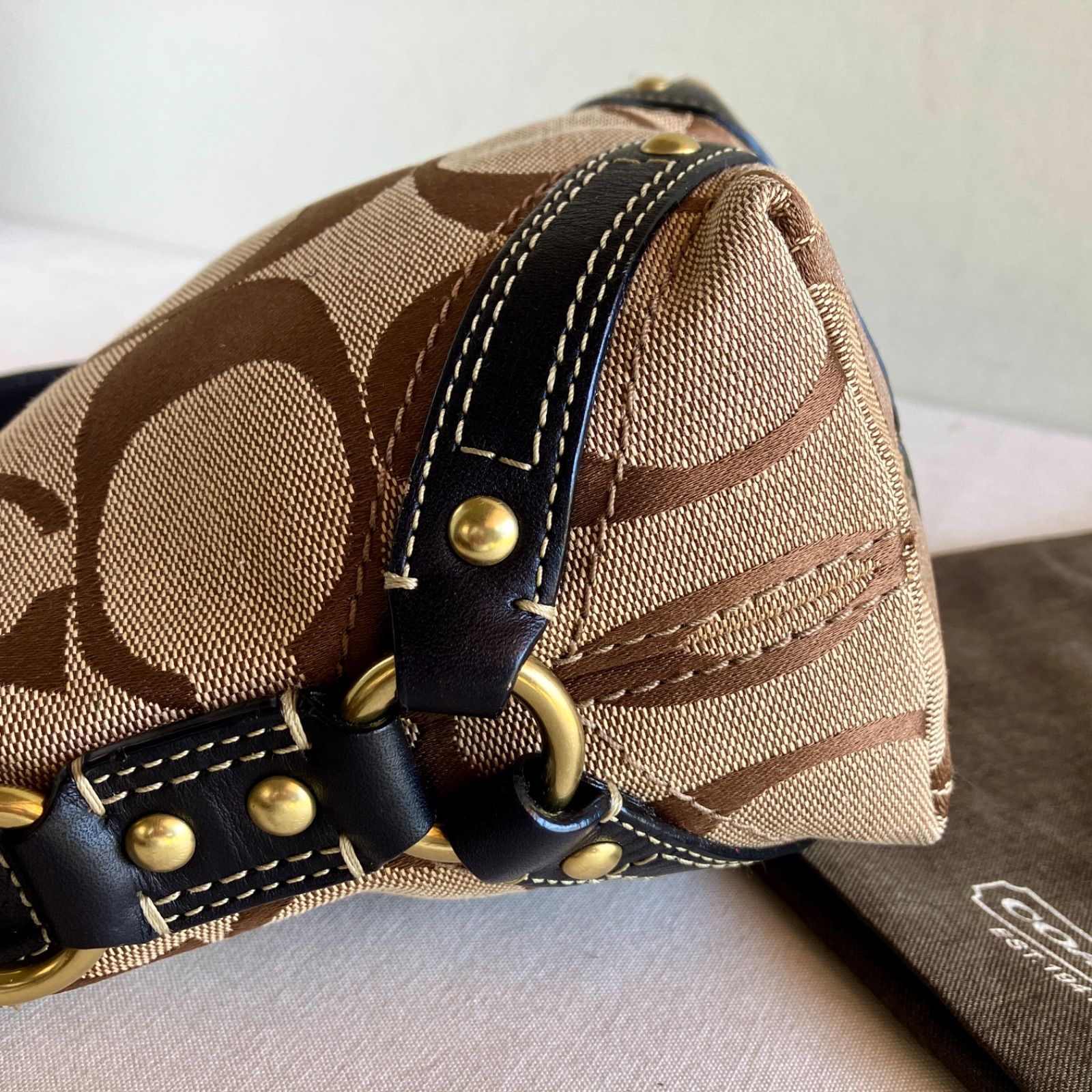 Y2K Coach Signature Khaki Brown Canvas Leather Trim Hobo Shoulder Bag Vintage