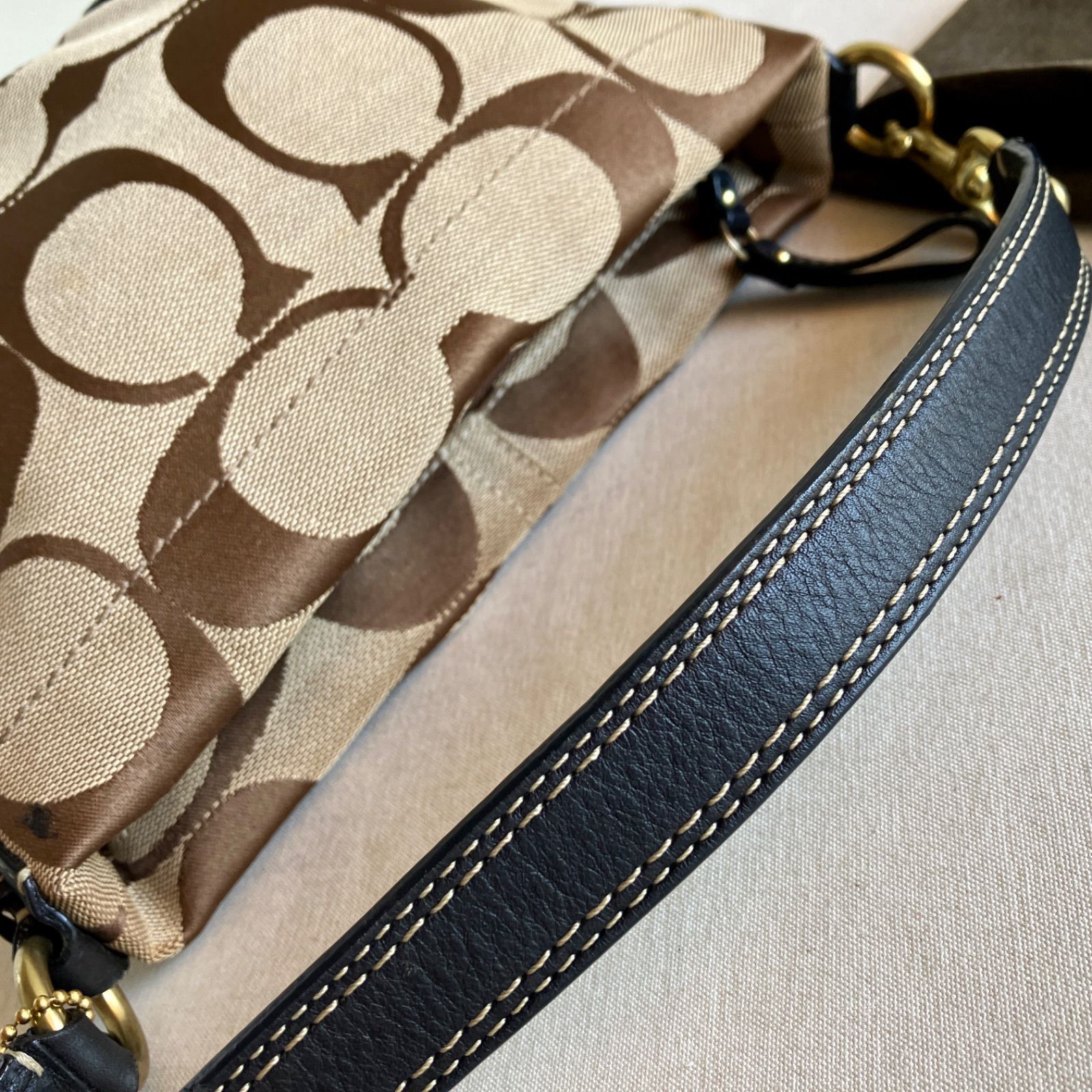 Y2K Coach Signature Khaki Brown Canvas Leather Trim Hobo Shoulder Bag Vintage