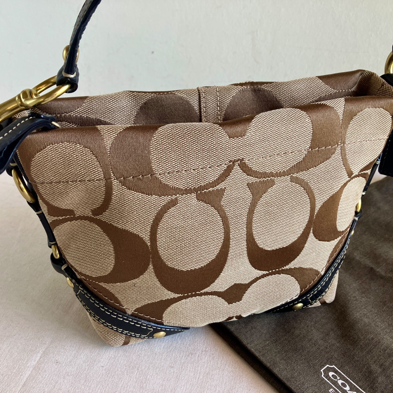 Y2K Coach Signature Khaki Brown Canvas Leather Trim Hobo Shoulder Bag Vintage